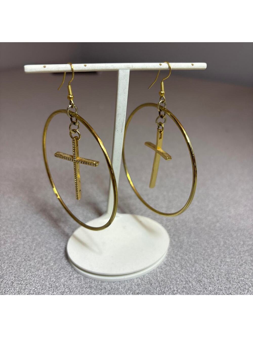 Krystalized 18K Gold Plated Cross Hoop Earrings